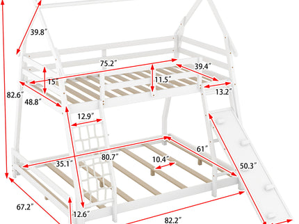 Twin Over Queen House Bunk Bed With Climbing Nets And Climbing Ramp