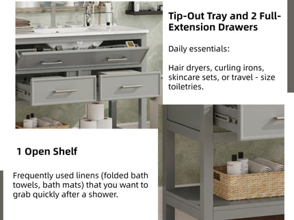Bathroom Vanity With Ceramic Sink, Tip Out Tray & 2 Full Extension Drawers