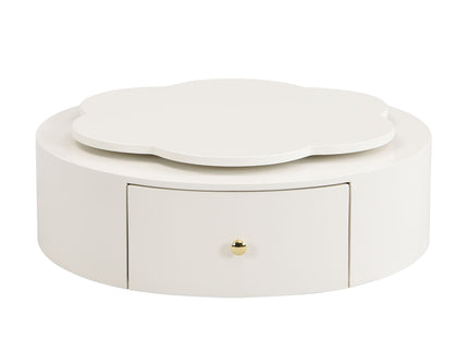 Modern Round Coffee Table (Set of 2), 360 Degree Rotatable Flower Shaped Top With 2 Drawers, Top Circle Side Table End Table With Glass For Living Room - Off White