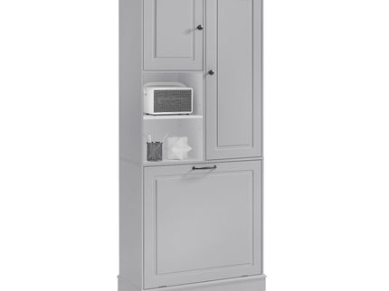 Modern Tall Storage Cabinet With Adjustable Shelves, Flip-Out Basket & Enclosed Doors