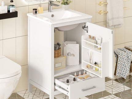 Bathroom Vanity With Ceramic Sink, Soft Close Drawers, Door Organizer, Divider Drawer, Adjustable Foot Pads