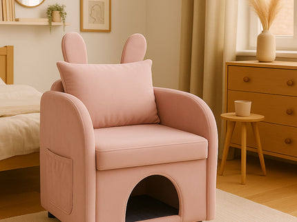 Bunny Ear Pet Friendly Armchair With Hidden Pet House With Storage Pocket For Bedroom & Living Room - Pink