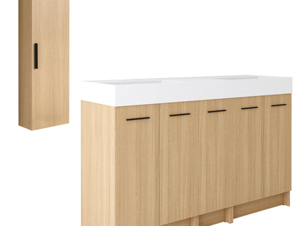 Double Sink Bathroom Vanity Set With Tall Linen Cabinet, Extra Large Storage, Integrated Sink, Freestanding Cabinet - Light Oak / White