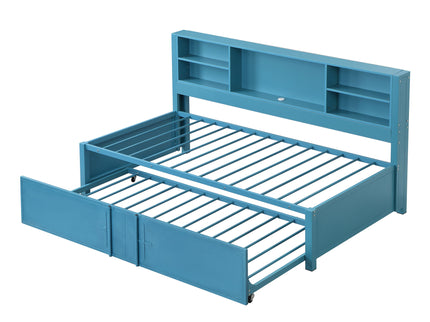 Industrial Metal Daybed With Trundle, Storage Shelves, USB Ports