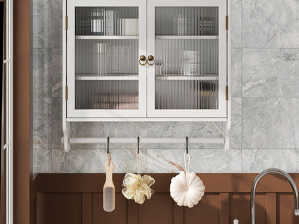 Vintage Double Door Wall Cabinet With Three Tiers Storage And Towel Rack - White Washed