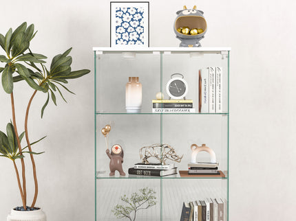 Modern Display Cabinet With LED Lights, Transparent Tempered Glass 2 Door Storage Case With 3 Shelves