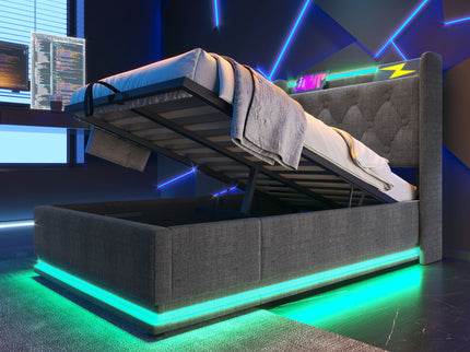 Upholstered Bed, 360 Surround LED Function, Remote Control, Hydraulic Storage Bed With USB, Type-C Charging (Without Mattress)