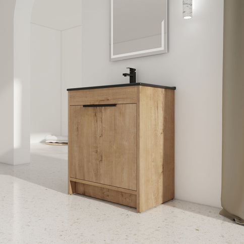 30" Freestanding Bathroom Cabinet With Basin & 2 Soft Close Doors - Imitative Oak
