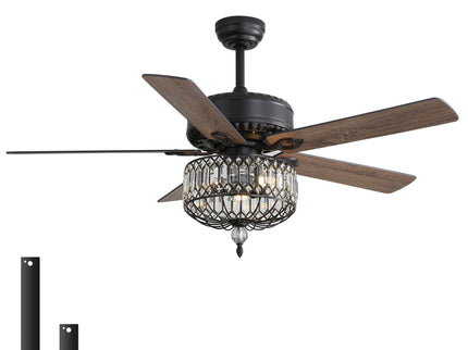 Ceiling Fan With Crystal Lampshade, 5 Blades, DC Motor, 6 Speed Remote Control, 1 / 4 / 8 Hour Timer - Black