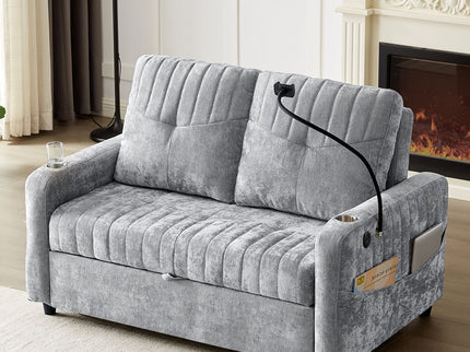Modern Loveseat Pull Out Sofa Bed With Adjustable Backrest, Two Cup Holders, A Phone Holder, Three Charging Ports And Side Storage Pockets For Living Room
