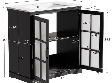 Modern Bathroom Vanity With Ceramic Sink, Tempered Blurred Glass Doors