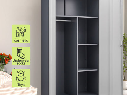 Wardrobe With Hanging Rod And Compartments, Lockable Closet With Locks & Keys For Bedroom - Gray