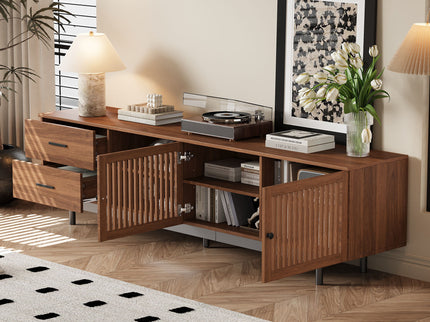 78" TV Stand For TVs Up To 85" Entertainment Center With Deep Drawers & Cable Management, Soft Closing Hinges - Walnut