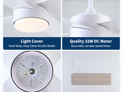 Ceiling Fan With Remote Control, Reversible DC Motor, 6 Speeds, 3 Dimmable LED, Quiet Timer For Indoor - White