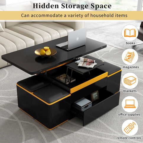 Lift Top Coffee Table With 4 Storage Stools