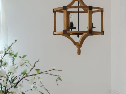 3 Light Wood Drum Chandelier, Hanging Light Fixture With Adjustable Chain For Kitchen, Bulb Not Included - Brown