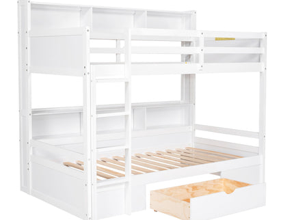 Twin Size Bunk Bed With Built-In Shelves Beside Both Upper And Down Bed And Storage Drawer