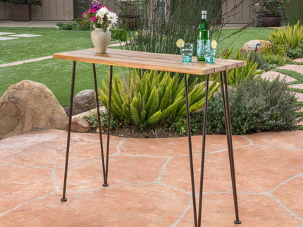 Outdoor Bar Table With Wood Tabletop And Iron Hairpin Legs - Black / Teak