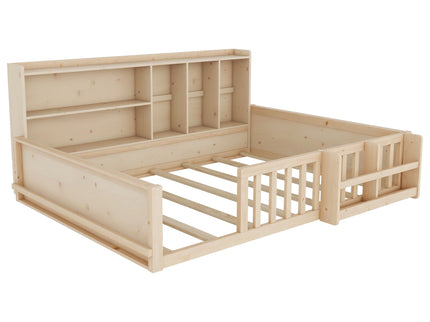 Platform Bed Frame With Guardrail, Storage Shelves & Bookshelf