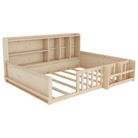 Platform Bed Frame With Guardrail, Storage Shelves & Bookshelf