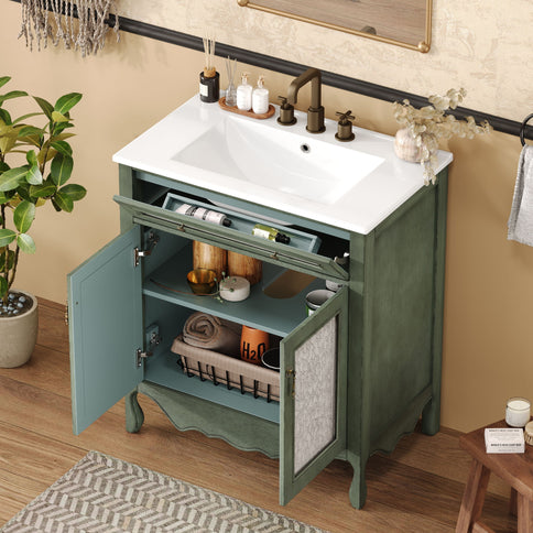 Bathroom Vanity With Rectangle Sink, Tip Out Tray - Antique Blue Green
