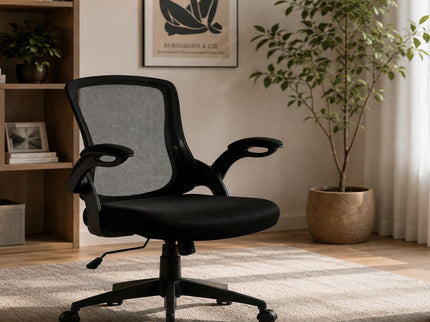Office Chair With Mid Back Design, Adjustable Height And Foldable Armrests - Black