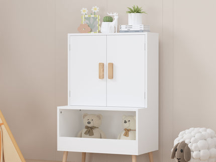 Toy Storage Cabinet With Doors And Open Shelf, Toddler Bookshelf For Playroom - White