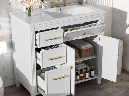 Modern Bathroom Vanity With Ceramic Sink, Freestanding, One Tip Out Drawer, 3 Side Drawers, Adjustable Shelf