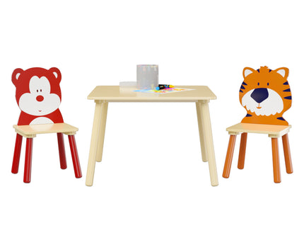 Table And 2 Chairs Set, Activity Play Table Set With Bear & Tiger Design - Natural