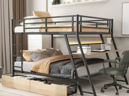 Full Size Bunk Bed With Built In Desk, Light, And 2 Drawers - Black
