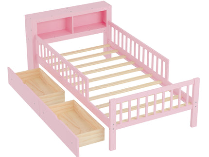 Bed With Headboard Storage Rack, 2 Under Bed Drawers, 3 Side Guardrails For Safety