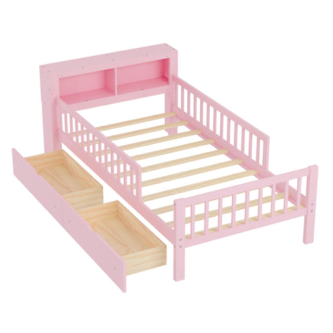Bed With Headboard Storage Rack, 2 Under Bed Drawers, 3 Side Guardrails For Safety