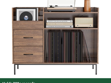 Eco-Friendly Vinyl Record Player Stand With Flip-Top Storage, Media Console With Dual Outlets And Dustproof Drawers