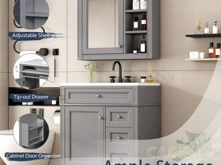 Bathroom Vanity With Top Sink, Freestanding Storage Cabinet With 2 Doors And 3 Drawers, Mirror Cabinet Included - Gray