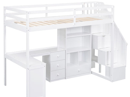 Loft Bed With L Shaped Desk, Drawers, Cabinet, And Storage Staircase