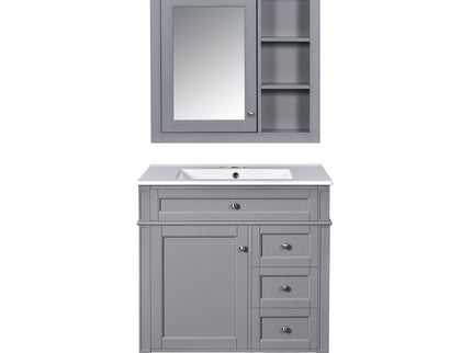 Bathroom Vanity With Top Sink, Freestanding Storage Cabinet With 2 Doors And 3 Drawers, Mirror Cabinet Included - Gray