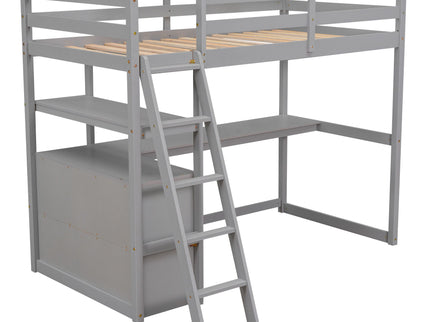 Modern Loft Bed With Built In Desk, Shelves, And 2 Drawers