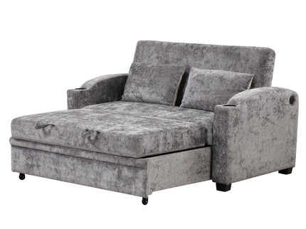 Pull Out Loveseat Sofa With Adjsutable Backrest, 2 Pillows, Cup Holders, USB Ports For Living Room