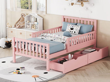 Platform Bed With Guardrails On Both Sides And 2 Storage Drawers