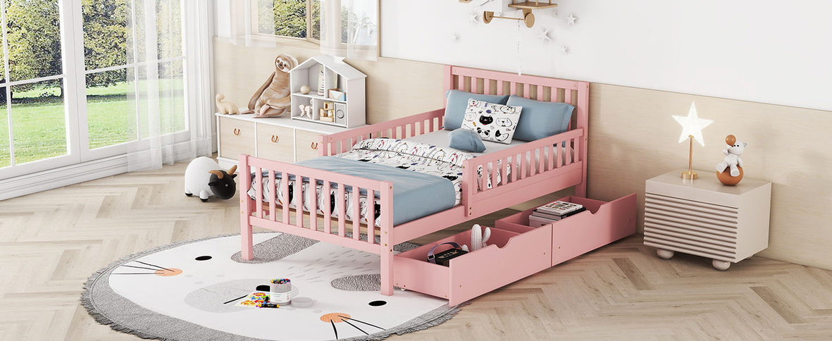 Platform Bed With Guardrails On Both Sides And 2 Storage Drawers