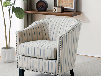 Transitional Upholstered Stripe Barrel Chair With Birch Wood Legs And Plush Cushioned Seat - Beige / Blue Stripe