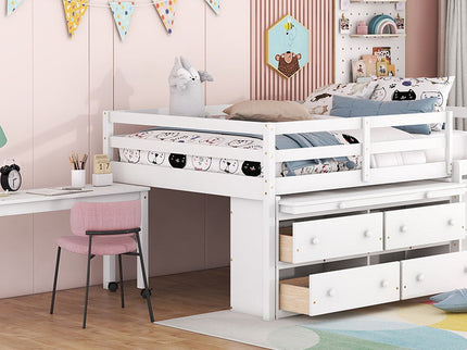 Loft Bed With Retractable Writing Desk And 4 Drawers, With Lateral Portable Desk And Shelves