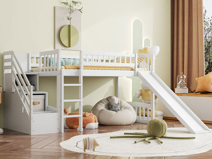 Loft Stairway Bed With 2 Drawers, Convertible Ladder And Slide