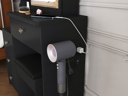 Vanity Desk With 3 LED Lighting Modes, 4 Drawers, Open Shelves, Hair Dryer Holder & Power Socket Dressing Table Set With Chair - Black
