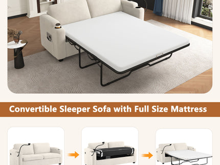 Sleeper Sofa Loveseat Sofa With Full Size Mattress, 2 USB Ports, 2 Cup Holders, 2 Side Pockets And Phone Holder