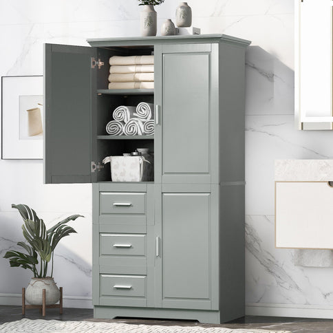 Tall And Wide Storage Cabinet With Doors For Bathroom Or Office, 3 Drawers - Gray