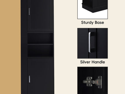 Tall Freestanding Bathroom Storage Cabinet With Adjustable Shelves And Side Hooks Board, Rectangle Design