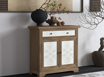 Accent Cabinet With Carved Floral Panels, Sideboard With Drawer And Double Doors - Antique Brown / White