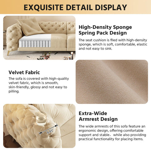 3 In 1 Convertible Sleeper Sofa, Pull Out Bed, Button Tufted, 4 Seater Couch With Movable Ottoman For Apartment - Apricot