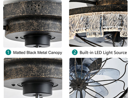 21" Caged Ceiling Fan With Remote Controlled Acrylic LED Lights - Antique Black